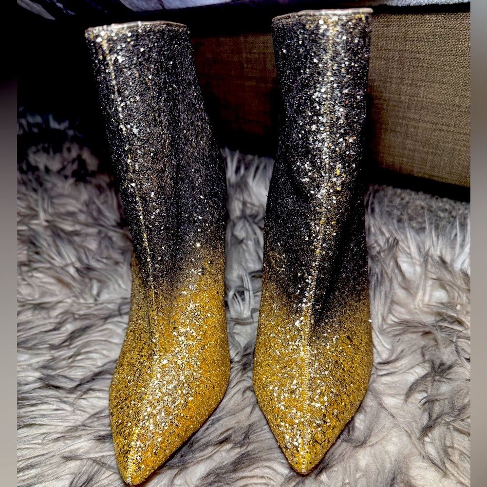 ✨ ShoeDazzle Size 8.5 Glitter Ombré Stiletto Ankle Boots – Gold to Black